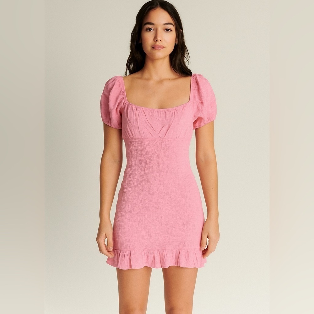 Lush Pink Cinched Puff Sleeve Mini Dress
